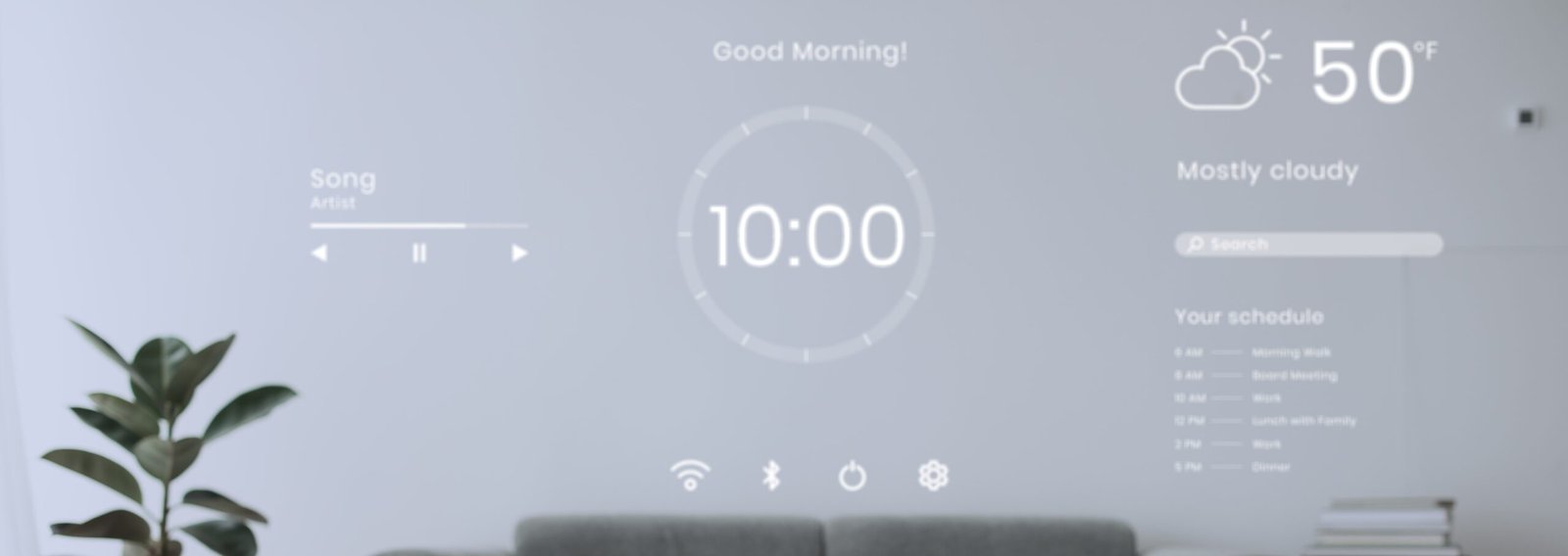 Digital tablet screen with smart home controller on a wooden table